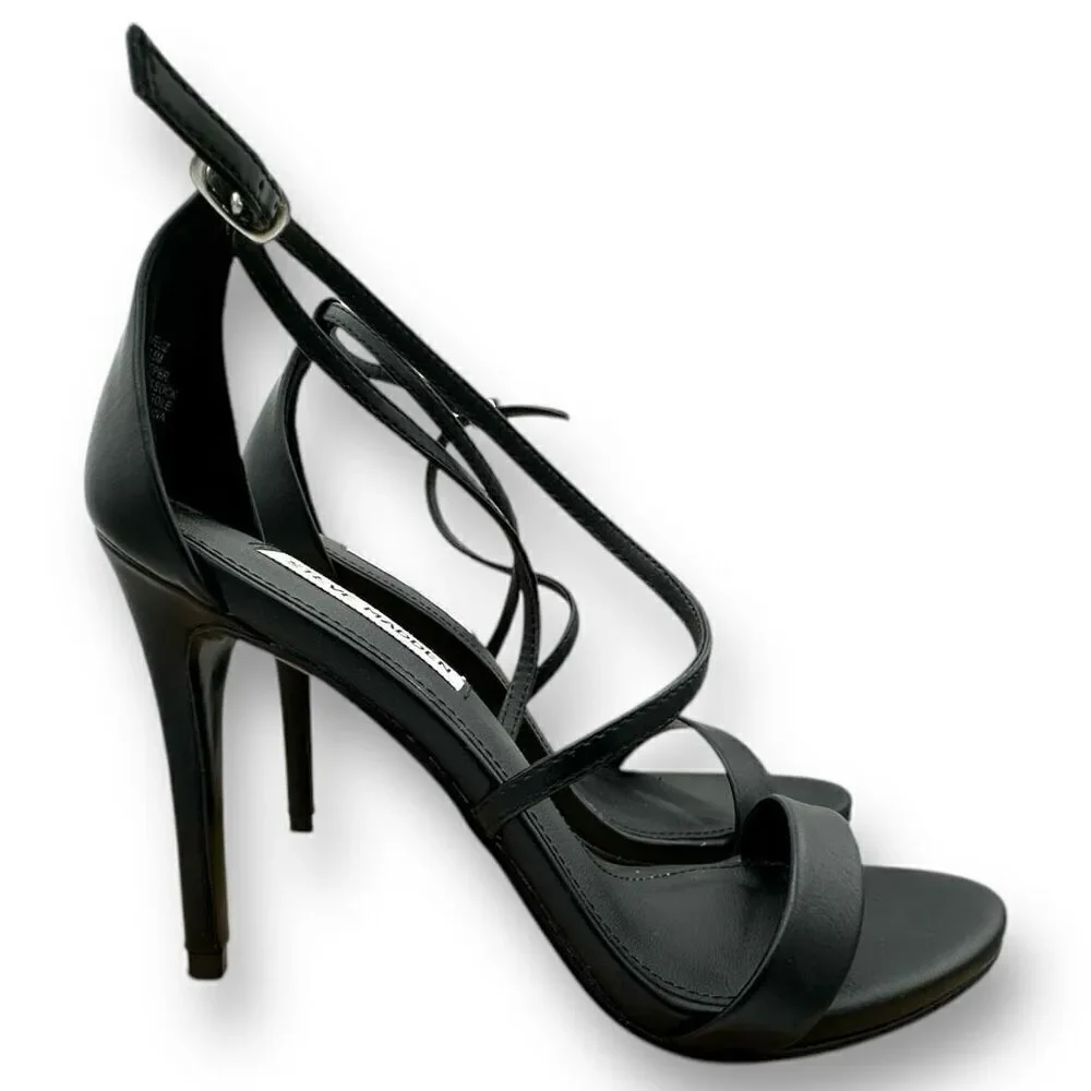 Steve Madden Womens Feliz PU Leather Strappy Stiletto Heel Sandals Black Sz 7.5